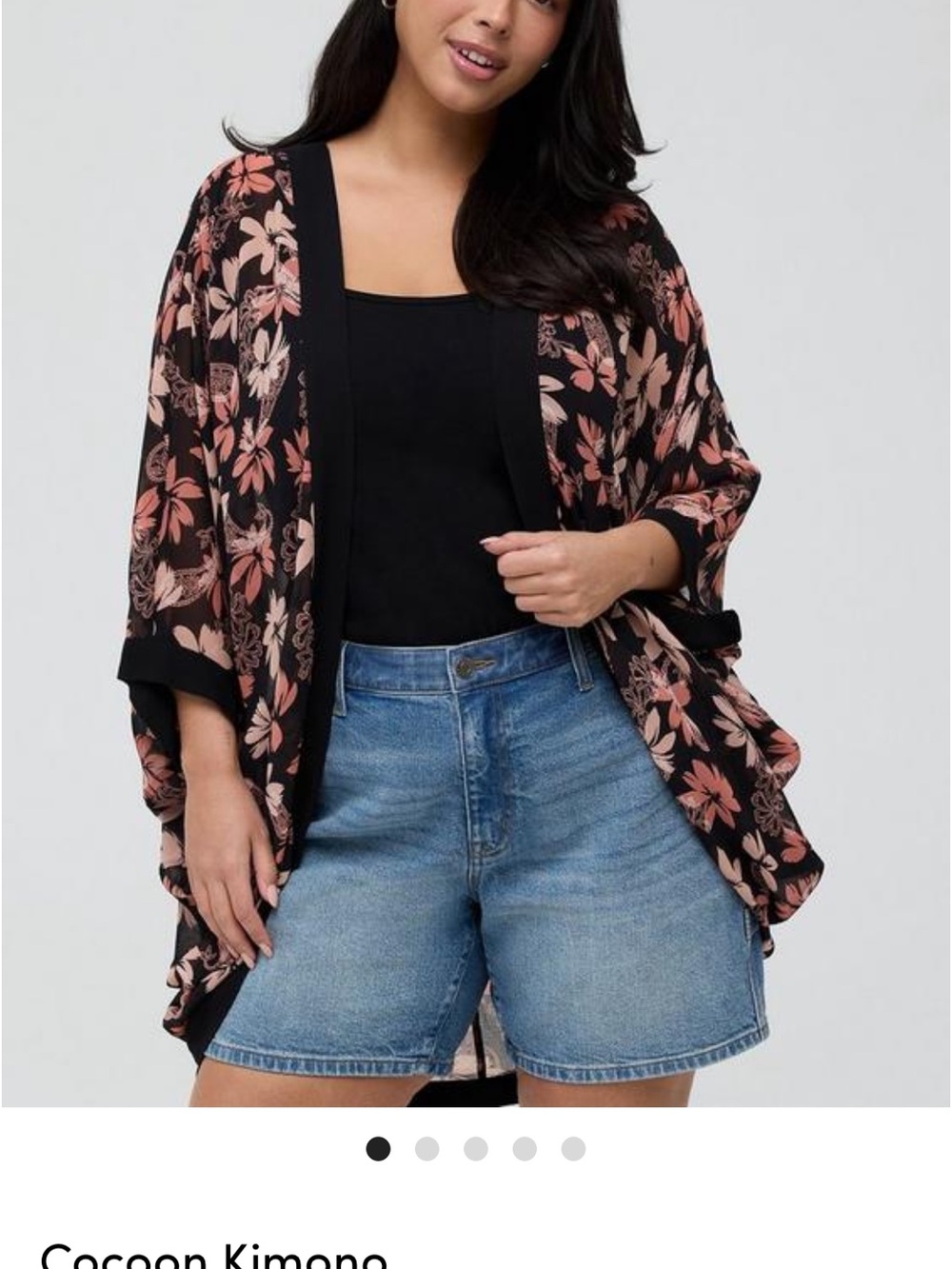 torrid Black Floral Cocoon Kimono with Blush Pink Flowers